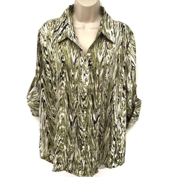 NWT Larsen Gray Womens Green Cream Roll Tab Sleeve Pleated Button Front Blouse L - Picture 1 of 7